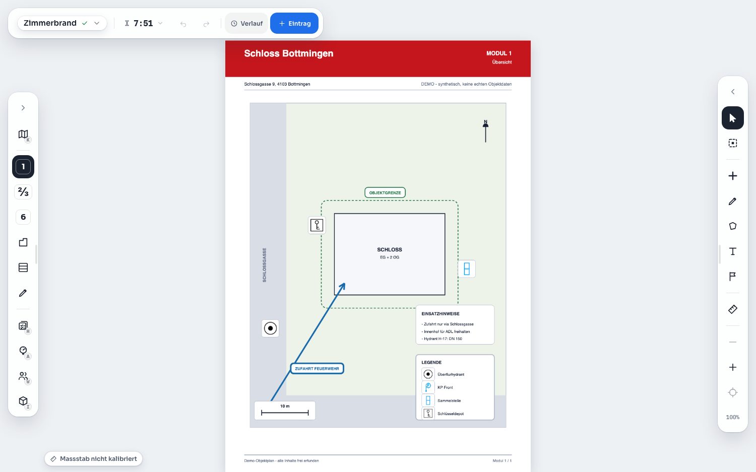 Plan-Ansicht: Objektplan als Whiteboard mit Zeichnung, Symbolen und Massstab