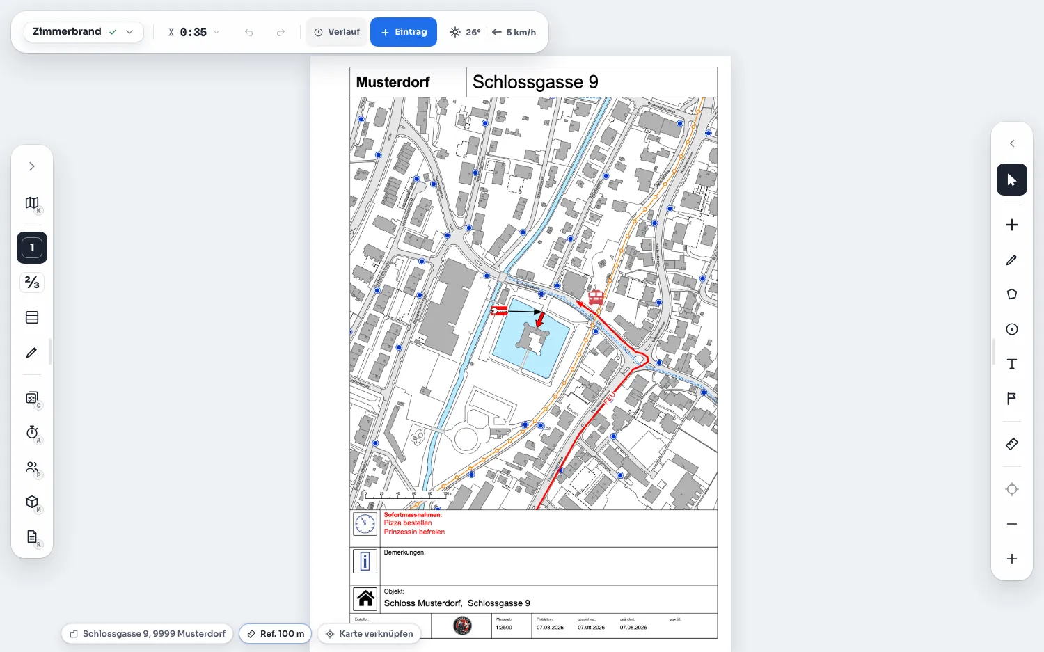 Plan-Ansicht: Objektplan als Whiteboard mit Zeichnung, Symbolen und Massstab